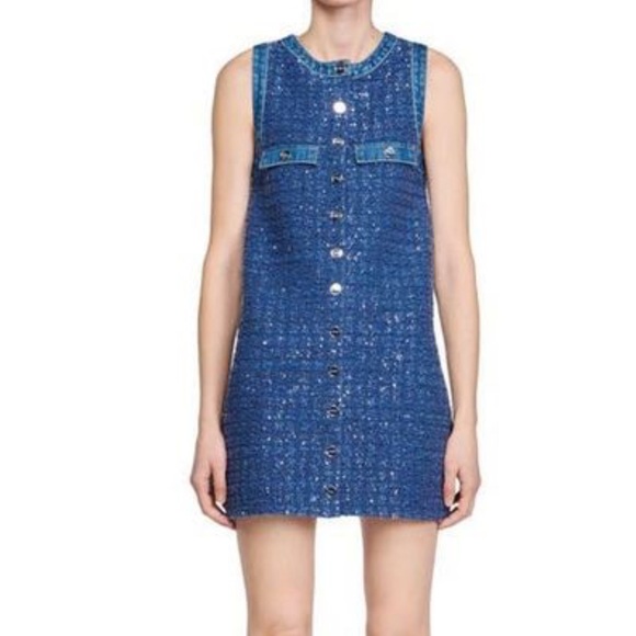 Sandro Navy Blue Tweed Mini Dress with Button Front - Picture 7 of 8